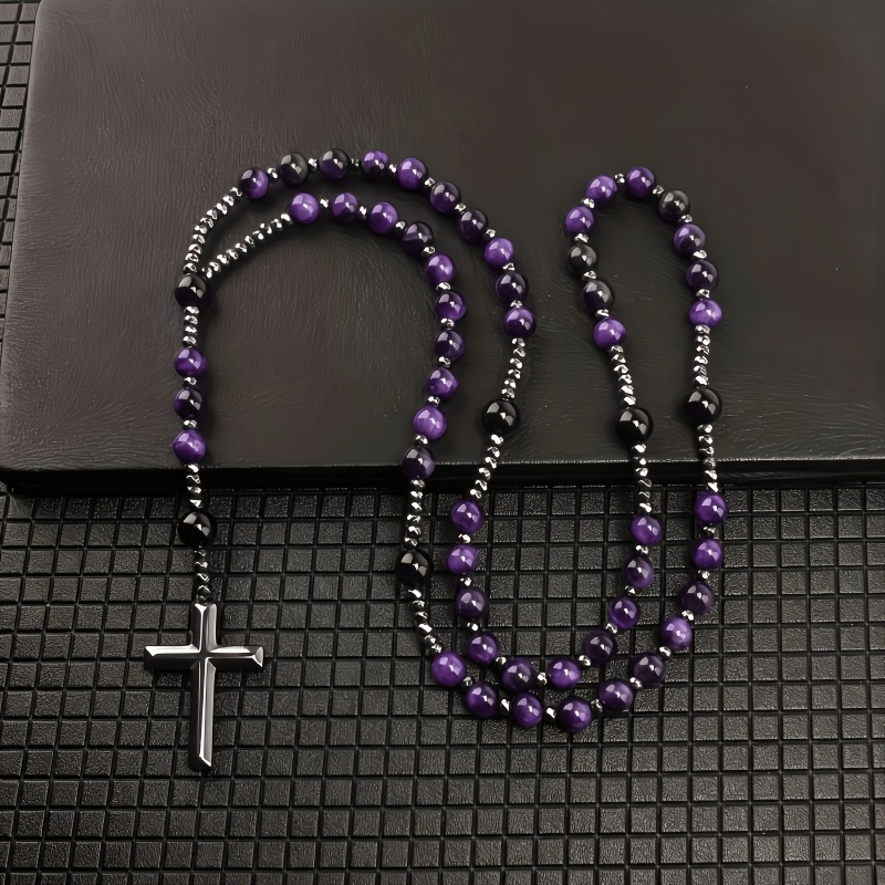 Blue Tiger Eye Cross Pendant Necklace, Unisex